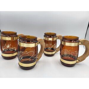 4 Siesta Ware Amber Brown Barrel Glass Mugs Wood Handle Western Theme Vintage GK